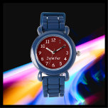CHOOSE YOUR COLORS, Your Name, Kids Blue Wrist  Watch<br><div class="desc">This fun kids wrist watch with a blue silicone strap can be customized as you wish. You can CHOOSE YOUR OWN COLOR to replace the background on the watch face and you can make the text say whatever you want. Or keep my burgundy and white design. All Rights Reserved ©...</div>