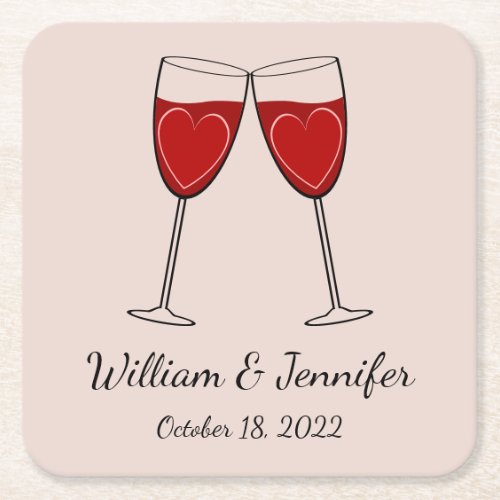 Choose Your Own Color Wine Glass  Hearts Wedding Square Paper Coaster