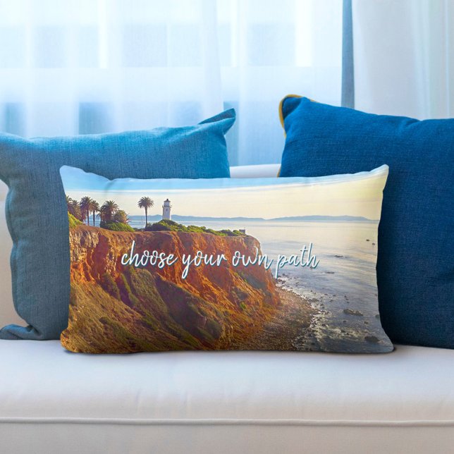 Choose Your Own Path Lighthouse Ocean Cliff Photo Lumbar Pillow (Creator Uploaded)