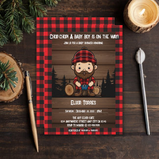 Chop Chop! Rustic Lumberjack Flannel Baby Shower Invitation