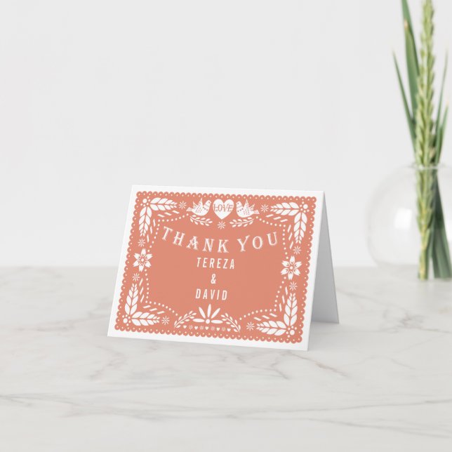 Chopped paper love birds coral wedding Thank You (Front)