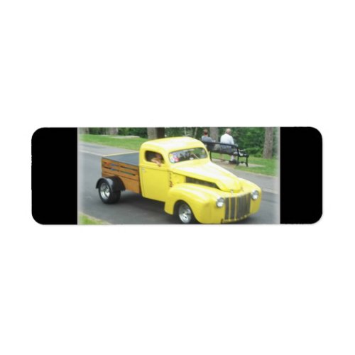 chopped yellow pickup with wood bed label