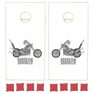 Chopper Motorcycle 1950 cartoon illustration Cornhole Set