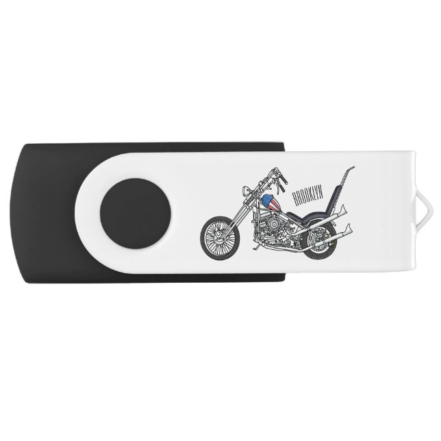 Chopper Motorcycle 1950 cartoon illustration Flash Drive (Front)
