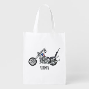Chopper Motorcycle 1950 cartoon illustration Grocery Bag