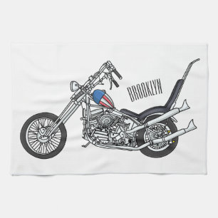 Chopper Motorcycle 1950 cartoon illustration Kitchen Towel