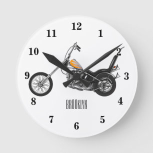 Chopper Motorcycle 1950 cartoon illustration Round Clock