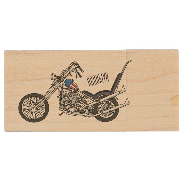 Chopper Motorcycle 1950 cartoon illustration Wood Flash Drive (Front)