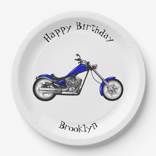 Chopper motorcycle cartoon illustration paper plates (Front)
