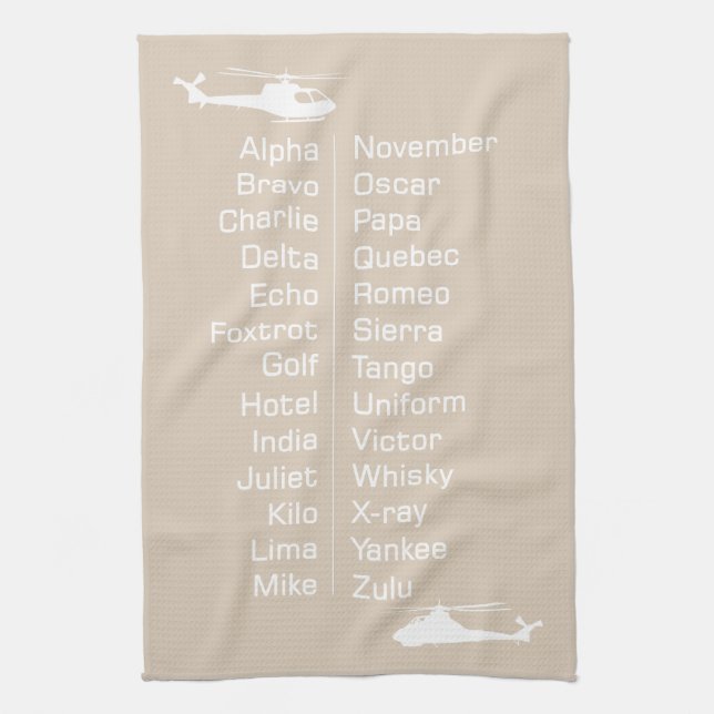 Chopper Pilot Helicopter Taupe Phonetic Alphabet Kitchen Towel (Vertical)