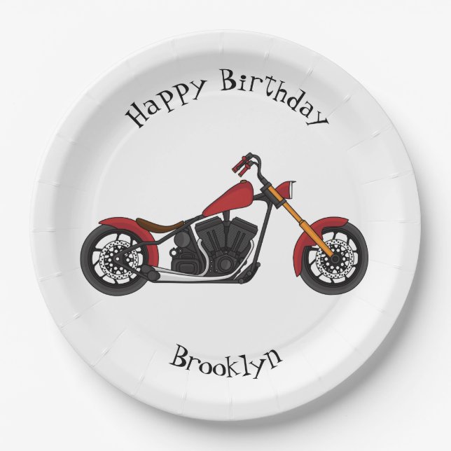 Chopper style motorcycle illustration paper plates (Front)
