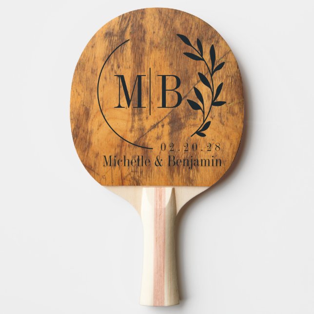 Chopping Block Leaf Wedding Monogram Ping Pong Paddle (Front)