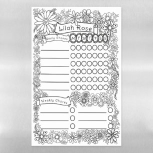 Chore Chart Doodle Art Colouring Wild Flowers Boho Magnetic Dry Erase Sheet
