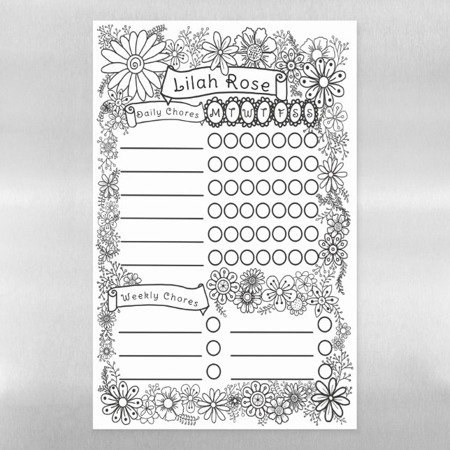 Chore Chart Doodle Art Colouring Wild Flowers Boho Magnetic Dry Erase Sheet (Vertical)