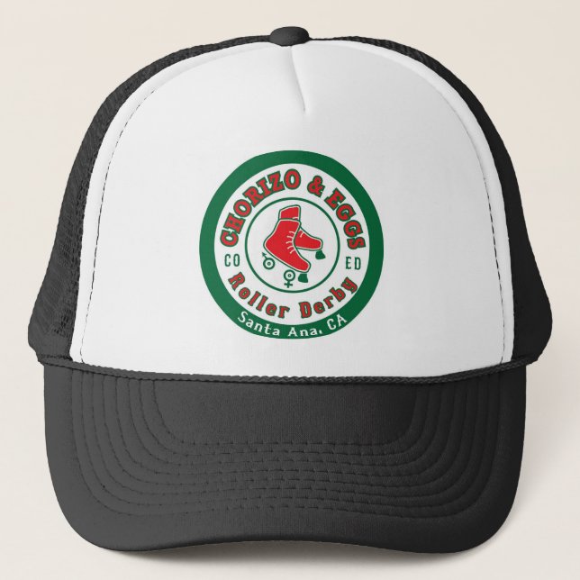 Chorizo & Eggs CoEd Roller Derby on white Trucker Hat (Front)