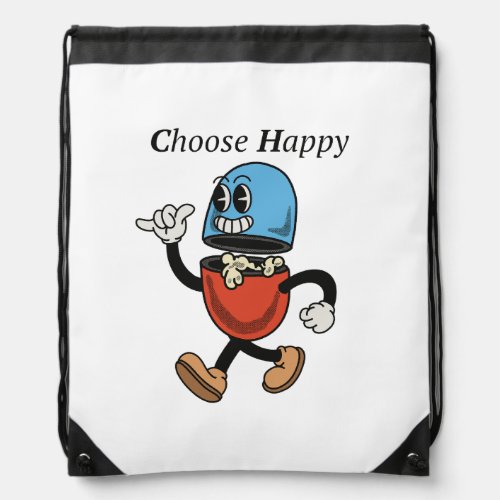 Chose happy with pill groovy character design drawstring bag