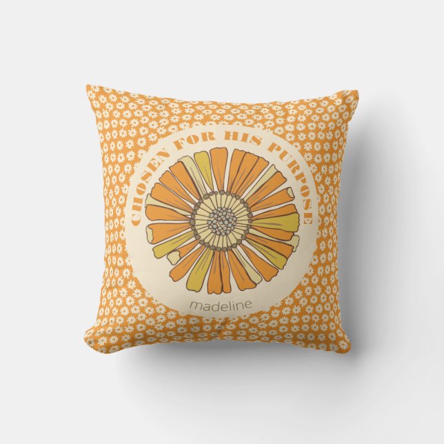 Chosen Christian Orange Retro Floral Throw Pillow (Front)