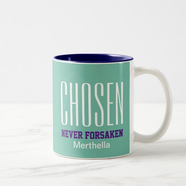 CHOSEN NEVER FORSAKEN | Hebrews 13:5 AQUA Two-Tone Coffee Mug (Right)