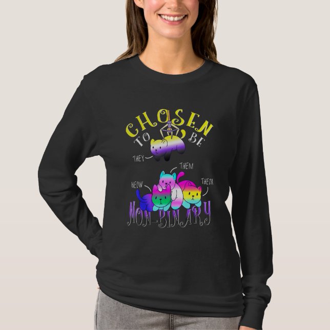 Chosen To Be Non-Binary Flag Cat Pile Cute Nonbina T-Shirt (Front)