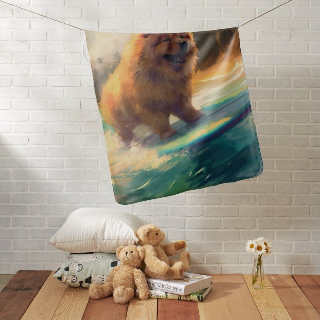 Chow Chow Beach Surfing Painting Baby Blanket (In Situ)