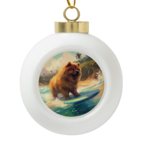 Chow Chow Beach Surfing Painting Ceramic Ball Christmas Ornament