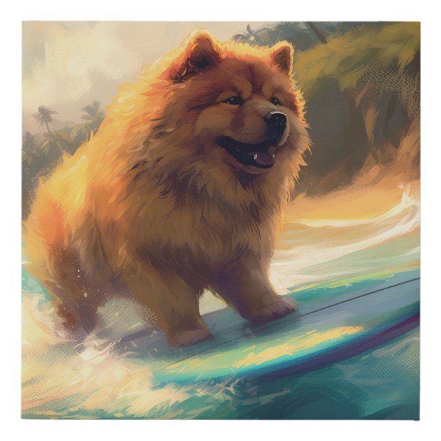 Chow Chow Beach Surfing Painting Faux Canvas Print (Front)