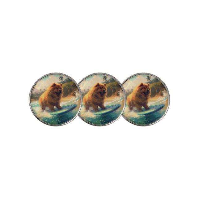 Chow Chow Beach Surfing Painting Golf Ball Marker (3 Up)