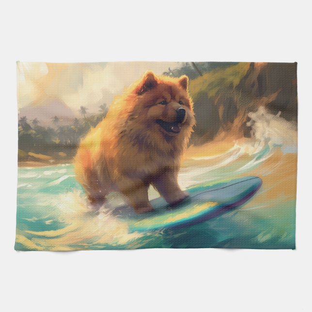 Chow Chow Beach Surfing Painting Kitchen Towel (Horizontal)