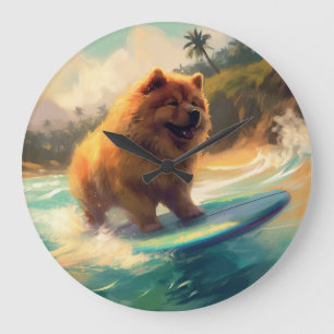 Chow Chow Beach Surfing Painting Large Clock