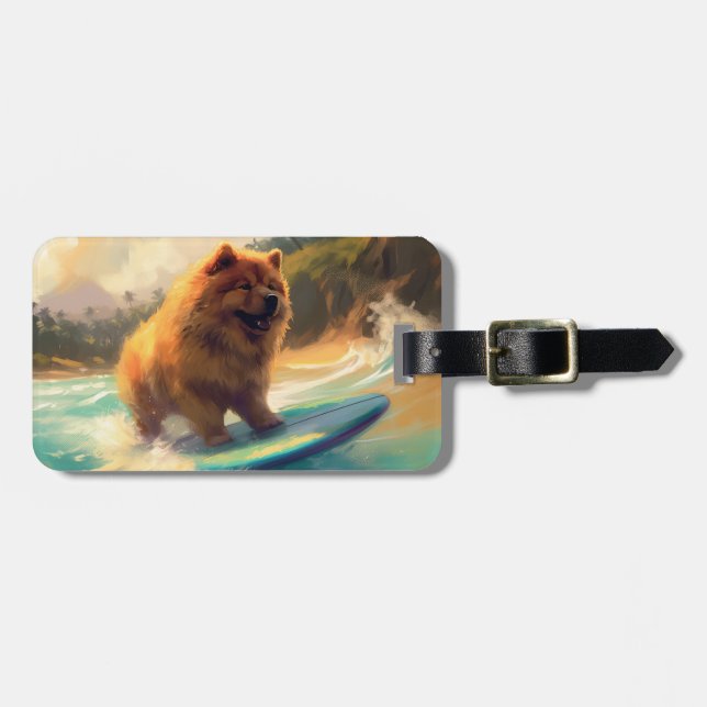 Chow Chow Beach Surfing Painting Luggage Tag (Front Horizontal)