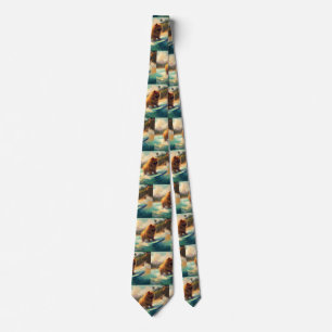 Chow Chow Beach Surfing Painting Neck Tie