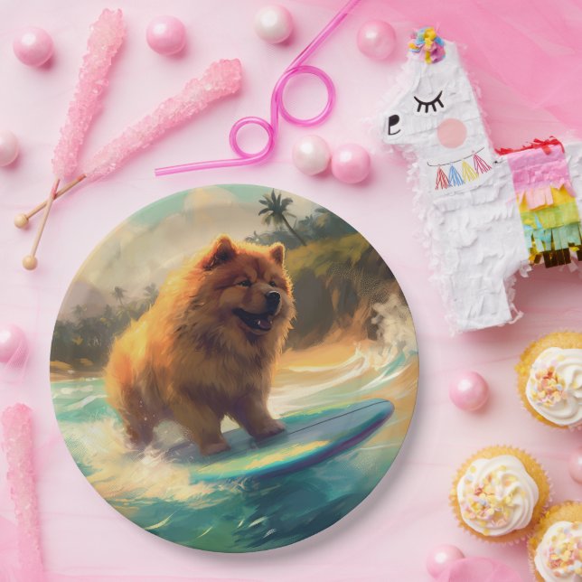Chow Chow Beach Surfing Painting Paper Plates (Party)
