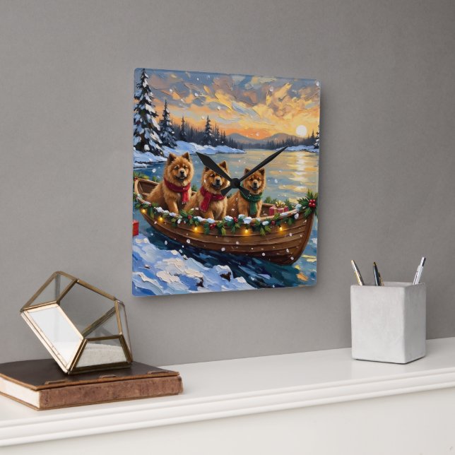 Chow Chow Christmas Boat Holiday Square Wall Clock (Office)