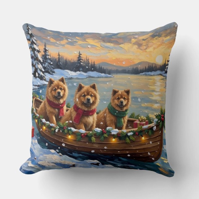 Chow Chow Christmas Boat Holiday Throw Pillow (Front)