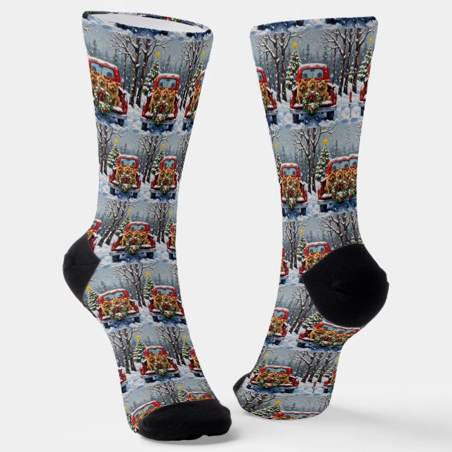 Chow Chow Christmas Red Truck Holiday Socks (Angled)