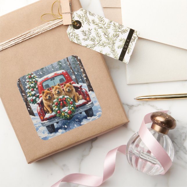 Chow Chow Christmas Red Truck Holiday Square Sticker (Gifting)