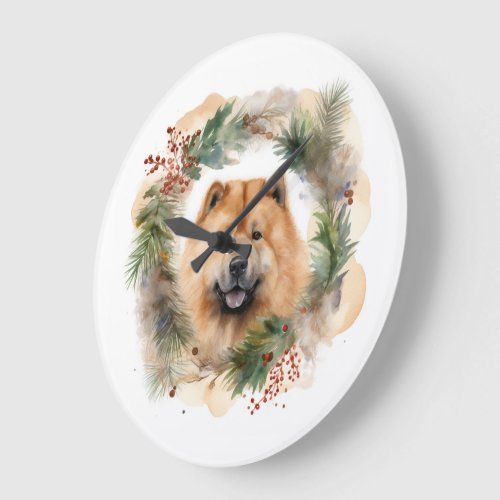 chow chow Christmas Wreath Festive Pup  Large Clock