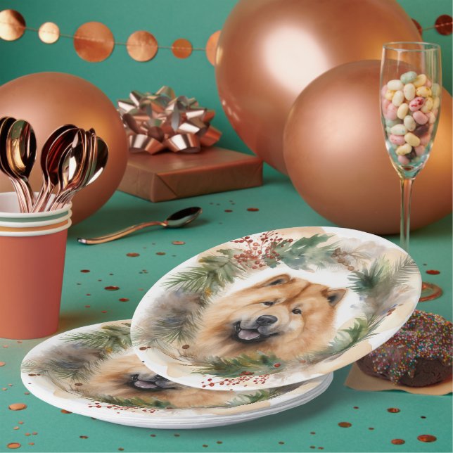 chow chow Christmas Wreath Festive Pup  Paper Plates (Multi)