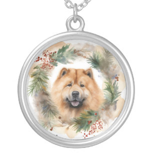 chow chow Christmas Wreath Festive Pup Silver Plated Necklace