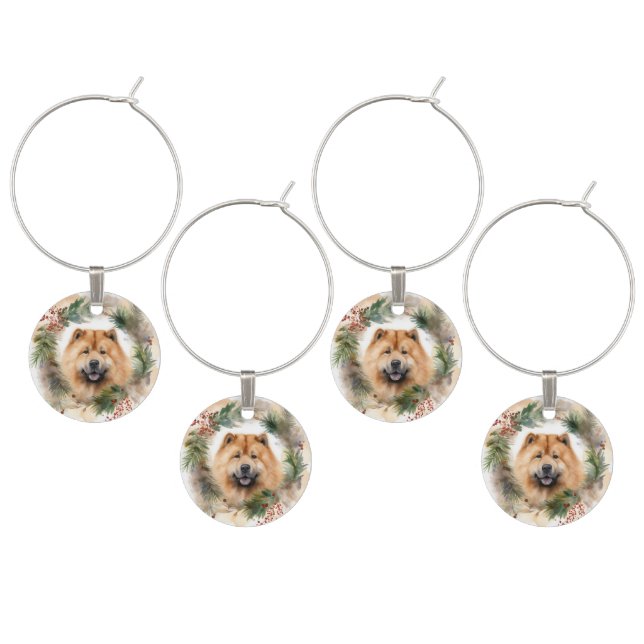 chow chow Christmas Wreath Festive Pup  Wine Charm (Staggered)