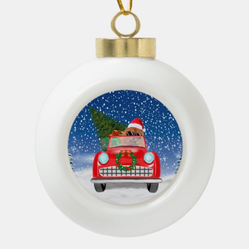 Chow Chow Dog Driving Car In Snow Ceramic Ball Christmas Ornament