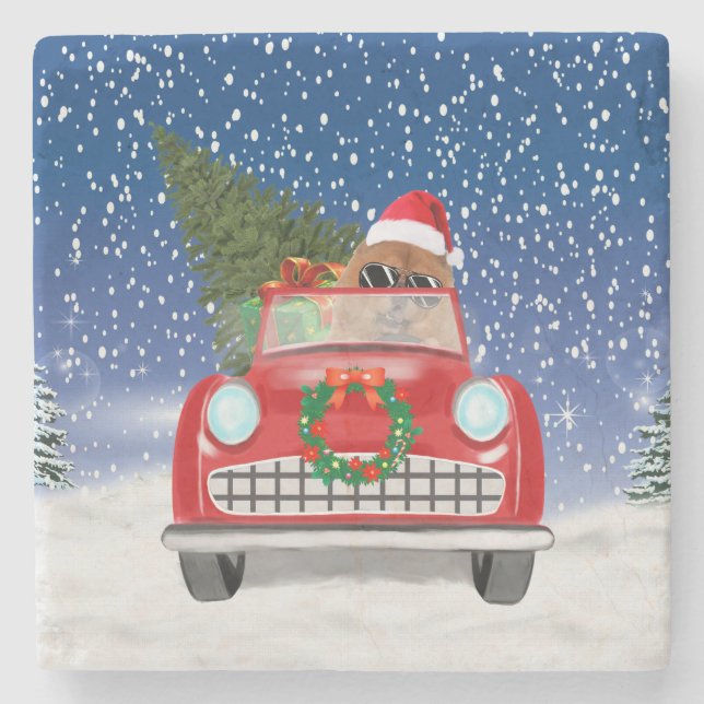 Chow Chow Dog Driving Car In Snow Stone Coaster (Front)