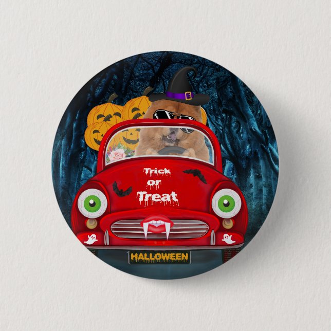 Chow Chow Dog Driving Car Scary Halloween  Button (Front)