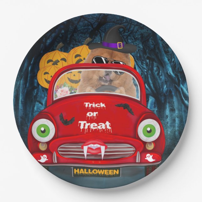 Chow Chow Dog Driving Car Scary Halloween  Paper Plates (Front)