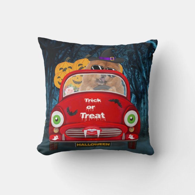 Chow Chow Dog Driving Car Scary Halloween Throw Pillow (Front)