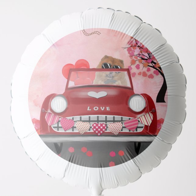 Chow Chow Dog Driving Car with Hearts Valentine's  Balloon (Front)