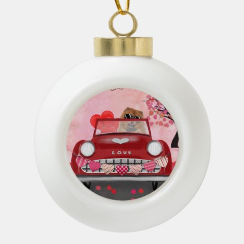 Chow Chow Dog Driving Car with Hearts Valentines  Ceramic Ball Christmas Ornament