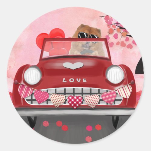 Chow Chow Dog Driving Car with Hearts Valentines Classic Round Sticker