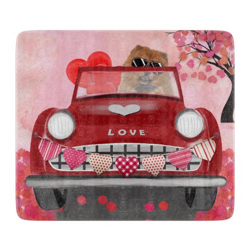 Chow Chow Dog Driving Car with Hearts Valentines  Cutting Board