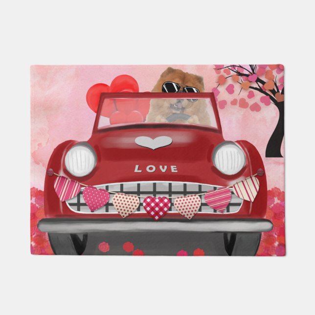Chow Chow Dog Driving Car with Hearts Valentine's  Doormat (Front)
